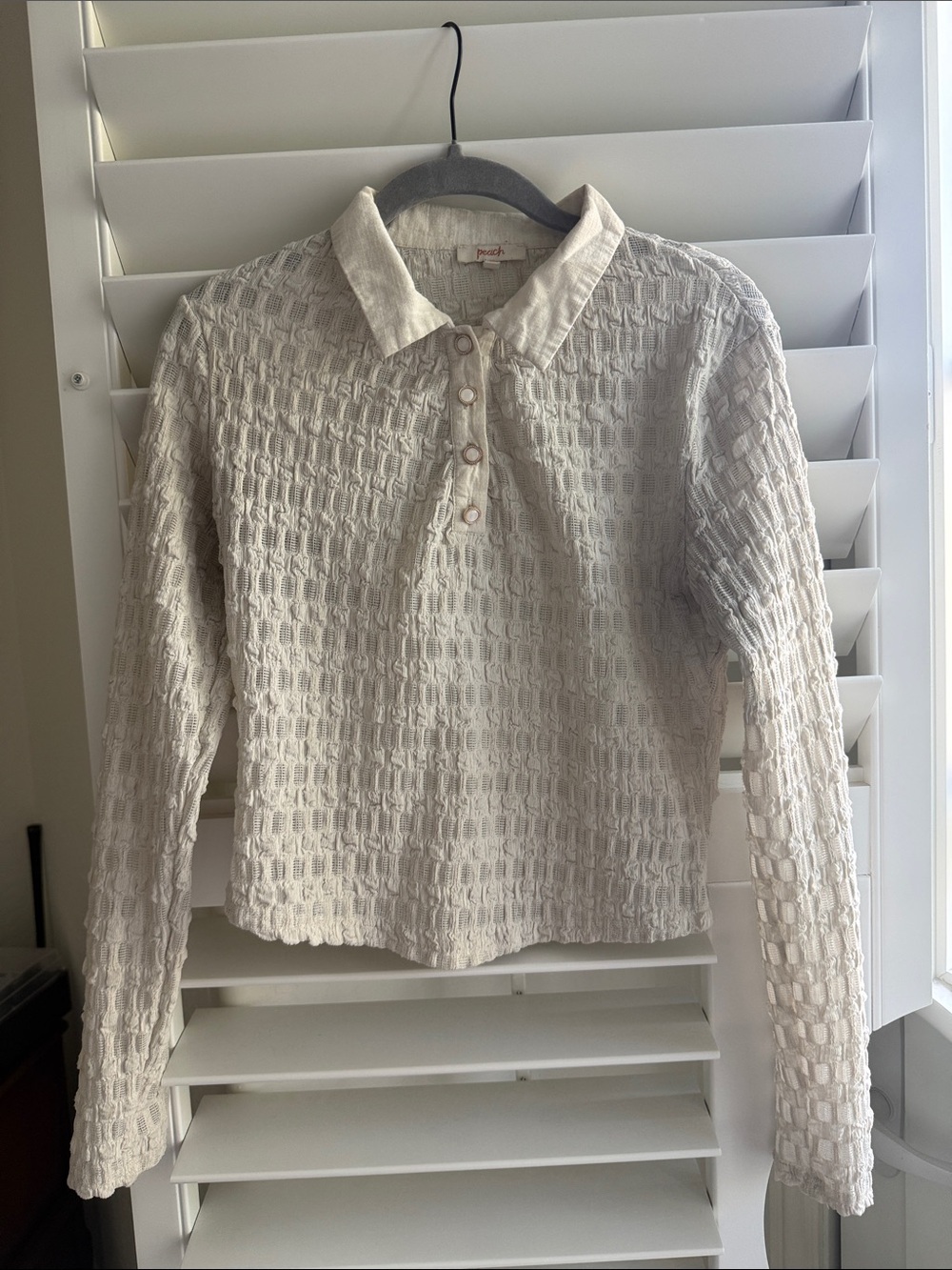 Peach Love California Cream Textured Long-Sleeve Polo